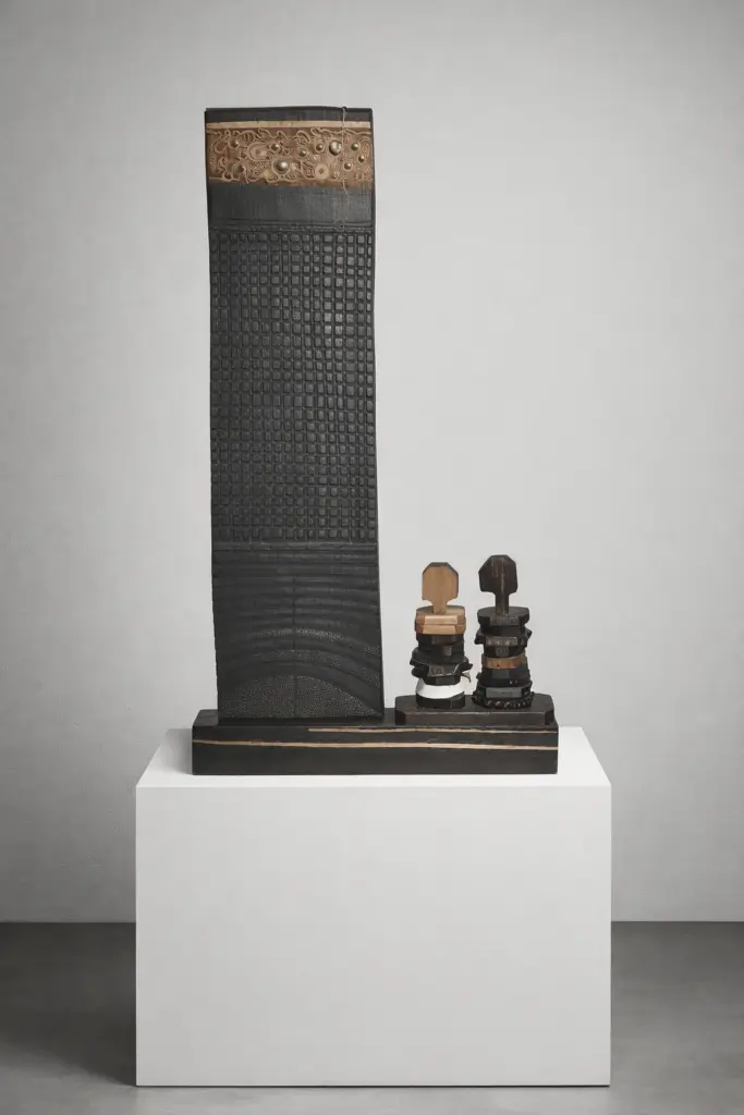 Cordobesa by Giorgio Cigna, a large-scale vertical sculpture made of wood, ceramic, and iron. This 166x90 cm contemporary mixed-media artwork features an upright composition with unique textures of natural wood and fired ceramic elements on a dark iron framework. Cordobesa, de Giorgio Cigna, es una escultura vertical de gran formato realizada en madera, cerámica y hierro. Esta obra de arte contemporánea de técnica mixta, de 166 x 90 cm, presenta una composición vertical con texturas únicas de madera natural y elementos de cerámica cocida sobre una estructura de hierro oscuro.