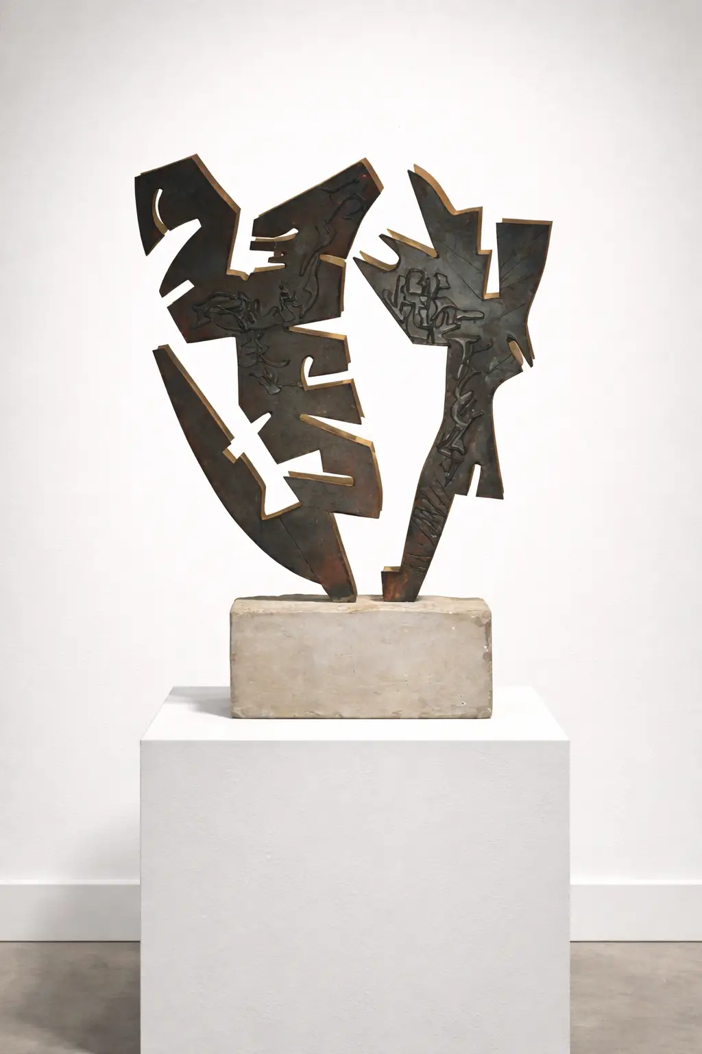 Reliefs by Javier Sauras, a vertical forged iron sculpture on a natural stone base. This 100x70 cm minimalist relief artwork features a thin, industrial iron composition with a textured metallic finish and a sturdy stone pedestal. Relieves de Javier Sauras, una escultura vertical de hierro forjado sobre una base de piedra natural. Esta obra minimalista de 100 x 70 cm presenta una fina composición de hierro industrial con un acabado metálico texturizado y un robusto pedestal de piedra.