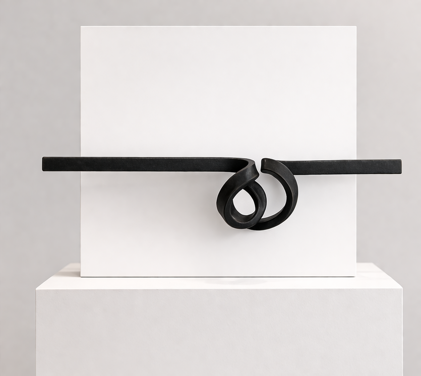 Knot by José Antonio Olarte, a horizontal contemporary iron sculpture mounted on a wooden board. This minimalist wall relief features a forged iron "knot" design with industrial textures, measuring approximately the scale of a statement horizontal composition. Nudo, de José Antonio Olarte, es una escultura horizontal contemporánea de hierro montada sobre una tabla de madera. Este relieve mural minimalista presenta un diseño de "nudo" de hierro forjado con texturas industriales, con unas dimensiones aproximadas a las de una impactante composición horizontal.