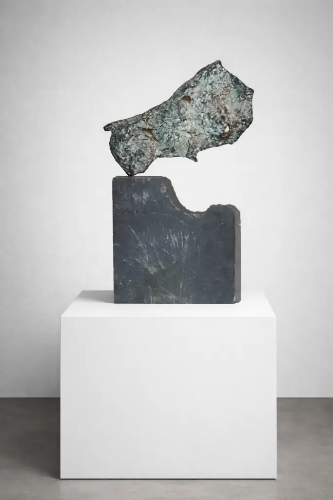 A vertical cast bronze sculpture titled "Bull’s Hide" by Casto Solano, featuring a textured, organic form mounted on a dark slate base. The bronze has a weathered, metallic finish with intricate surface details. Escultura vertical de bronce fundido titulada "Piel de toro", de Casto Solano, que presenta una forma orgánica y texturizada montada sobre una base de pizarra oscura. El bronce tiene un acabado metálico envejecido con intrincados detalles en la superficie.