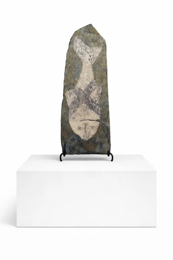 Striped Fish (Artwork ID 116) by Juan Diego Miguel, a vertical contemporary painting in oil on a natural slate slab. This 67x26 cm artwork features a stylized fish motif with expressive stripes, blending fine art oil techniques with the raw, dark texture of the stone. Pez Rayado (Referencia 116) de Juan Diego Miguel, una pintura contemporánea vertical al óleo sobre una losa de pizarra natural. Esta obra de 67x26 cm presenta un motivo de pez estilizado con rayas expresivas, combinando técnicas de óleo con la textura oscura y rugosa de la piedra.