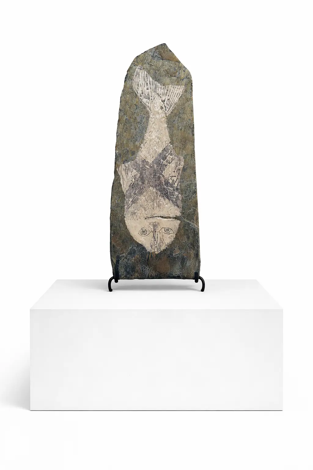 Striped Fish (Artwork ID 116) by Juan Diego Miguel, a vertical contemporary painting in oil on a natural slate slab. This 67x26 cm artwork features a stylized fish motif with expressive stripes, blending fine art oil techniques with the raw, dark texture of the stone. Pez Rayado (Referencia 116) de Juan Diego Miguel, una pintura contemporánea vertical al óleo sobre una losa de pizarra natural. Esta obra de 67x26 cm presenta un motivo de pez estilizado con rayas expresivas, combinando técnicas de óleo con la textura oscura y rugosa de la piedra.