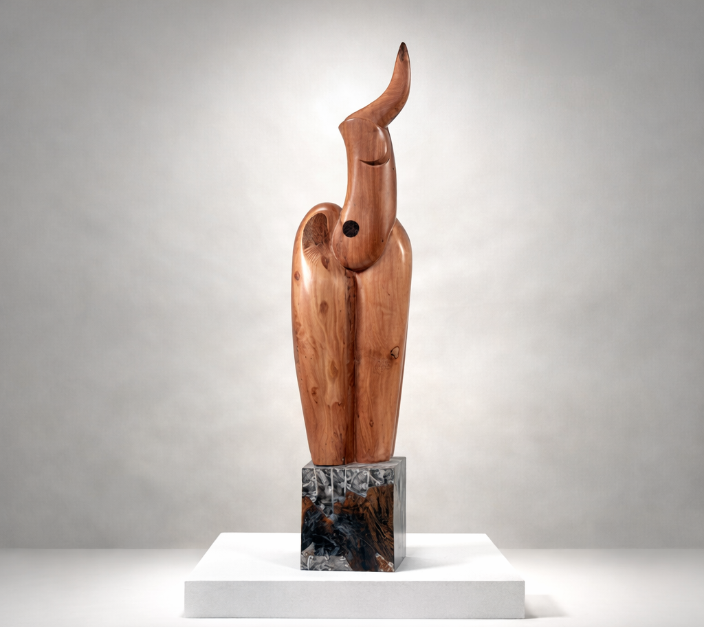 Sueño de un toreto (Artwork ID 149) by Miguel Ángel Ribas, a tall vertical sculpture hand-carved in wood. Measuring 110x26x21 cm, this contemporary wooden artwork features organic textures and a slender, totemic composition inspired by figurative abstract dreams. Sueño de un toreto (Referencia 149) de Miguel Ángel Ribas, una escultura vertical de madera tallada a mano. Con unas dimensiones de 110x26x21 cm, esta obra de madera contemporánea presenta texturas orgánicas y una composición totémica esbelta, inspirada en sueños abstractos y figurativos.
