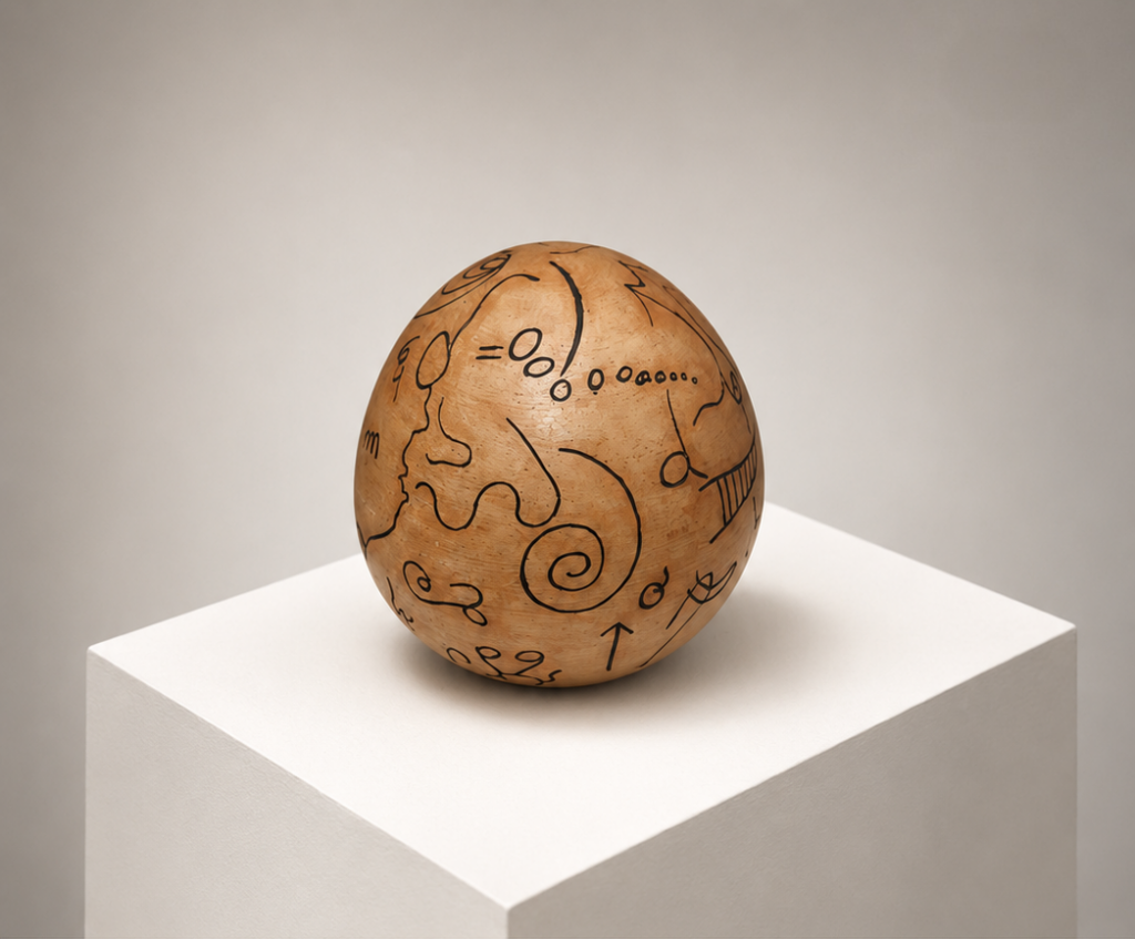 Huevo mágico (Magic Egg) (Artwork ID 104) by Desten, a vertical contemporary sculpture. Measuring 28x25x25 cm, this unframed organic artwork features a symbolic egg-shaped composition with unique textures, ideal for tabletop or pedestal display. Huevo mágico (Referencia 104) de Desten, una escultura contemporánea de composición vertical. Con unas dimensiones de 28x25x25 cm, esta obra orgánica sin enmarcar presenta una forma simbólica de huevo con texturas únicas, ideal para exhibición en mesas o pedestales.