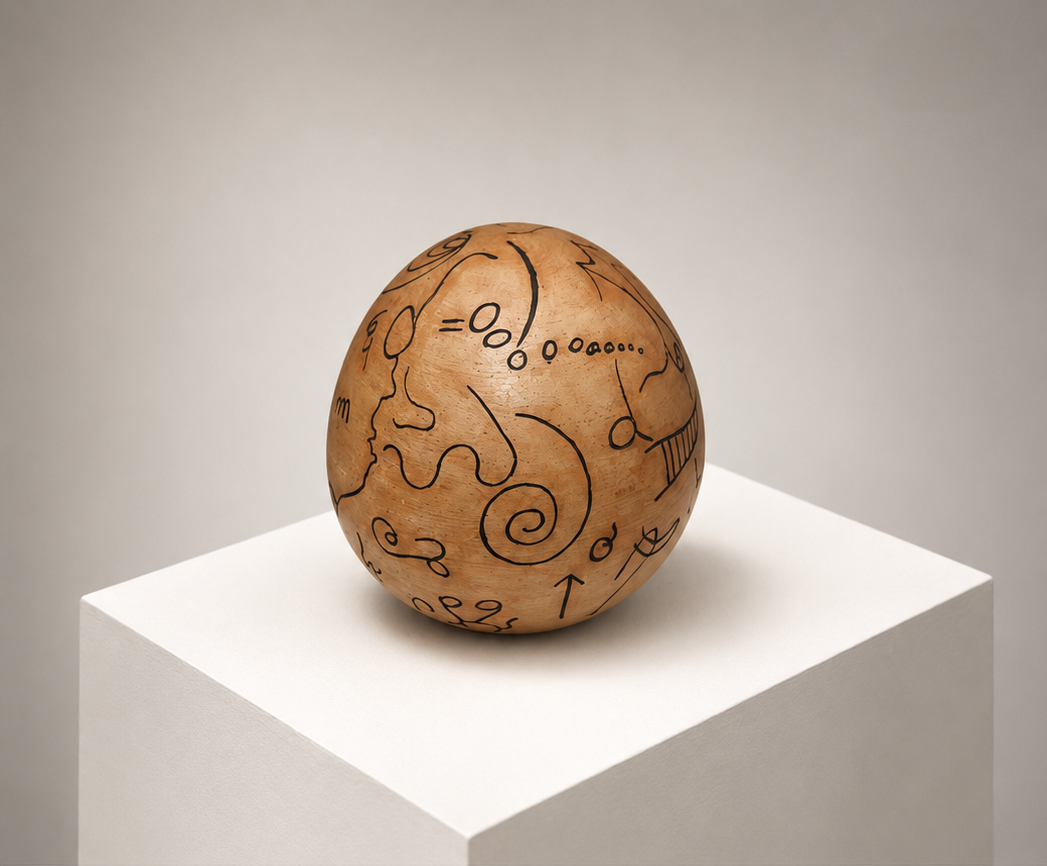 Huevo mágico (Magic Egg) (Artwork ID 104) by Desten, a vertical contemporary sculpture. Measuring 28x25x25 cm, this unframed organic artwork features a symbolic egg-shaped composition with unique textures, ideal for tabletop or pedestal display. Huevo mágico (Referencia 104) de Desten, una escultura contemporánea de composición vertical. Con unas dimensiones de 28x25x25 cm, esta obra orgánica sin enmarcar presenta una forma simbólica de huevo con texturas únicas, ideal para exhibición en mesas o pedestales.